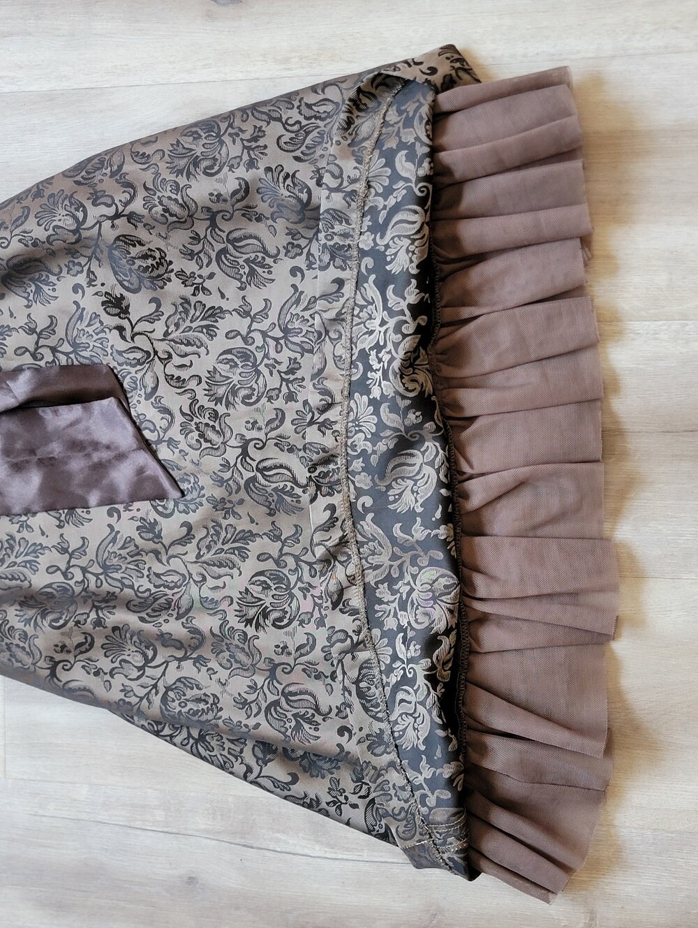 Strapless RW & Co. Brocade A-Line Party Dress with Satin Bow - Taupe & Black - Picture 5 of 13